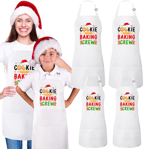 Suhine 4 Pack Christmas Aprons Adults White Christmas Kitchen Cooking Baking Cookie Crew Matching Aprons with Pockets Cute Adjustable BBQ Bib Funny Holiday Chef Apron Gift for Xmas Party Decorations - Image 1