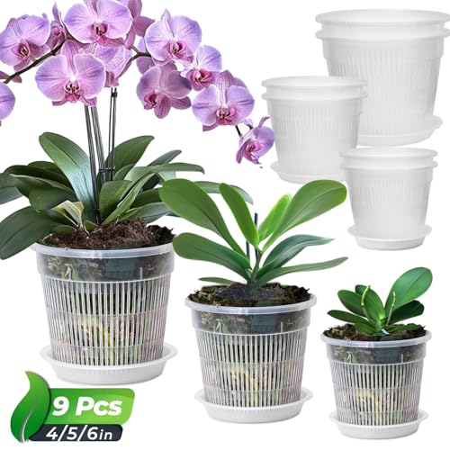 T4U Orchid Pot 9 Pack Orchid Pots with Holes and Saucers for Repotting 3 Each of 43 55 and 63 Inch Clear Plastic Flower Plant Pot for Indoor Outdoor Plants Orchids Planter for Root Health - Image 1