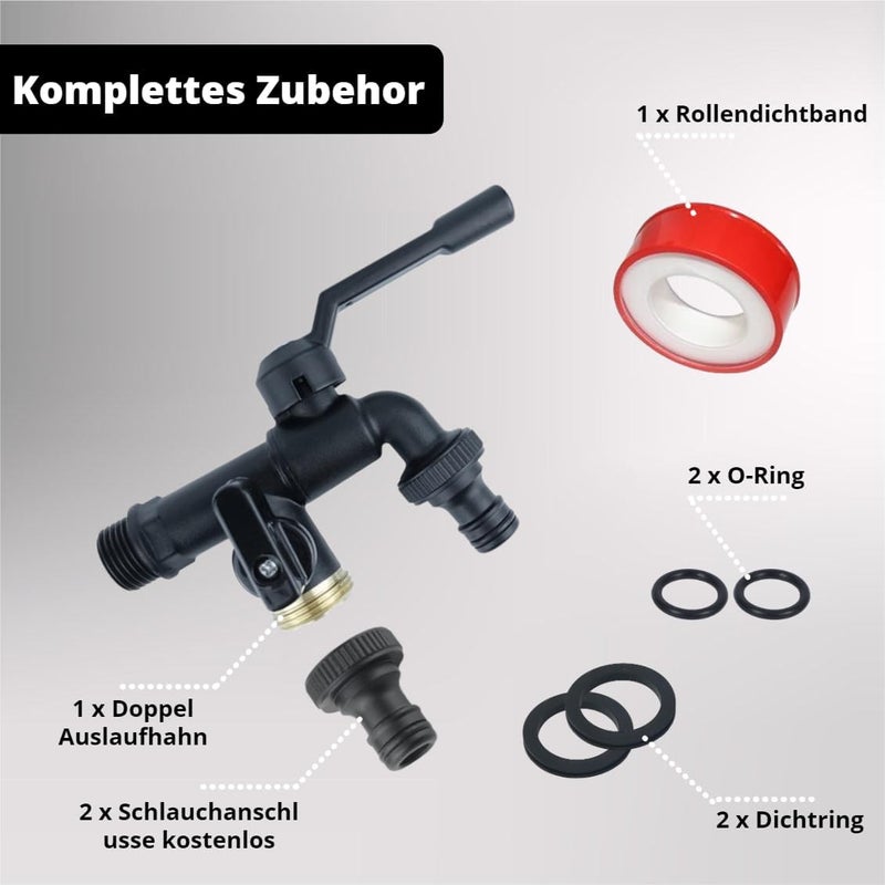 Beruyu Garden Tap - Double Outlet 1/2 Inch Brass Rust and Frost-Proof Tap with 2 x Free Hose Connections for Garden, Washing Machine, Water Butt - Black - Image 2