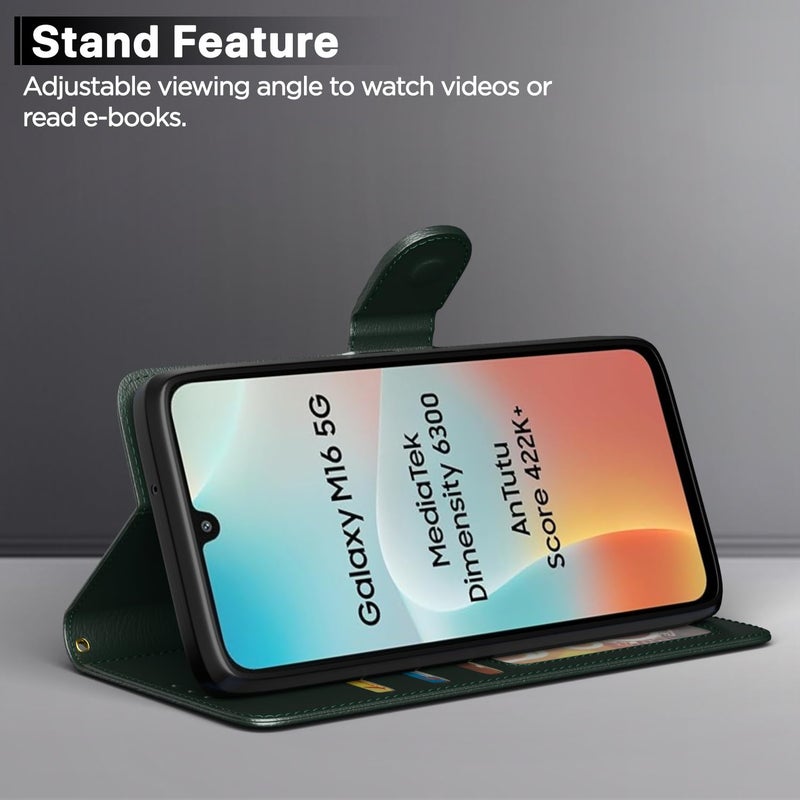 Pikkme Flip Cover for Samsung Galaxy M16 5G Leather Finish | Inside TPU with Card Pockets | Wallet Stand and Shock Proof | Complete Protection Flip Case(Green) - Image 3