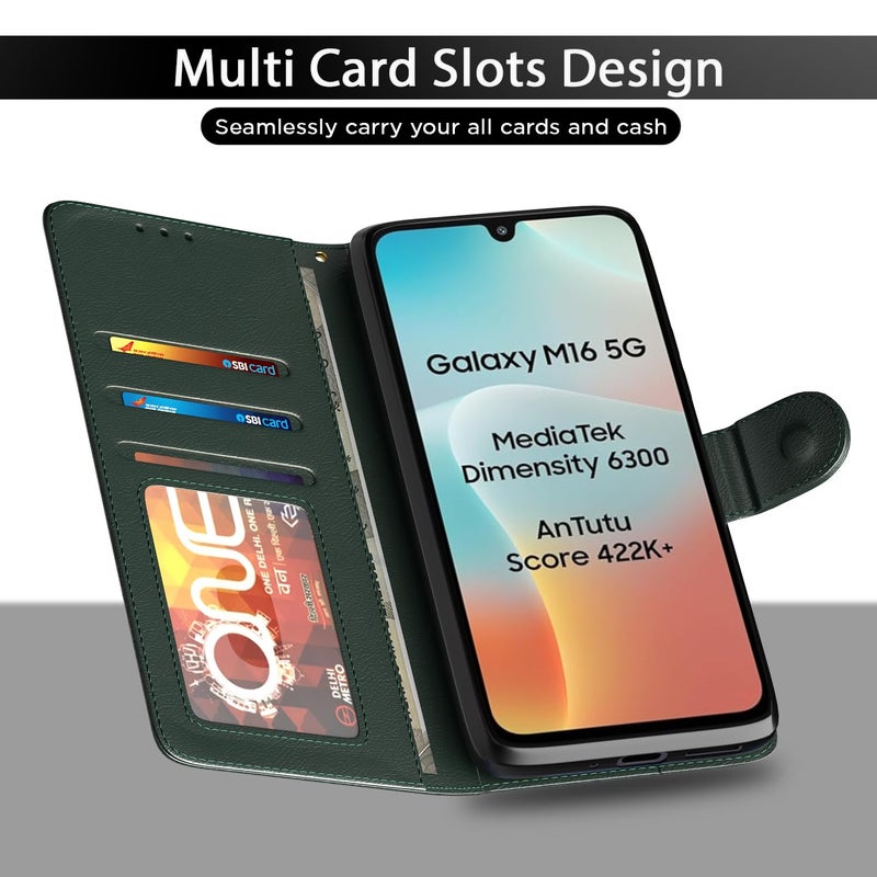 Pikkme Flip Cover for Samsung Galaxy M16 5G Leather Finish | Inside TPU with Card Pockets | Wallet Stand and Shock Proof | Complete Protection Flip Case(Green) - Image 5