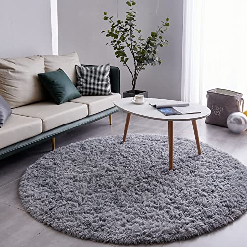 FJZFING Grey Round Rug Ultra-Soft Plush Modern 6x6 Circle Area Rug for Kid's Bedroom, Fluffy Shag Circular Rug for Nursery Room, Non-Slip Home Decor Cute Grey Carpet for Teen's Room - Image 2