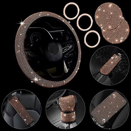 JINGSEN 11 Pcs Bling Car Accessories Set,Bling Car Accessories Set for Women,Steering Wheel Cover for Women Universal Fit 15 Inch,Rhinestone Center Console Cover(Champagne) - Image 1
