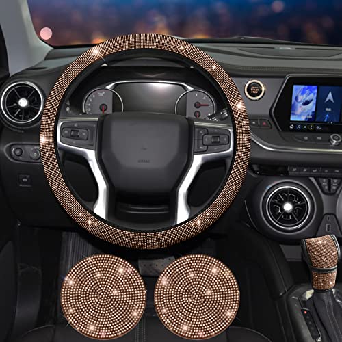 JINGSEN 11 Pcs Bling Car Accessories Set,Bling Car Accessories Set for Women,Steering Wheel Cover for Women Universal Fit 15 Inch,Rhinestone Center Console Cover(Champagne) - Image 3