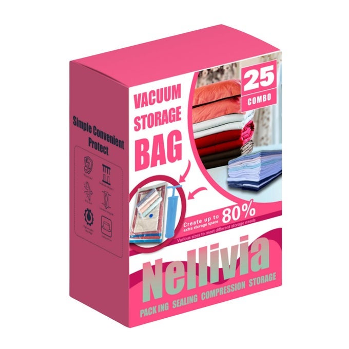 25 PACK VACUUM STORAGE BAGS WITH PUMP COMPRESSION SPACE SAVER FOR COMFORTER BEDDING BLANKET STORAGE VACUUM SEAL BAGS FOR CLOTHING LUGGAGE AND CLOSET ORGANIZER