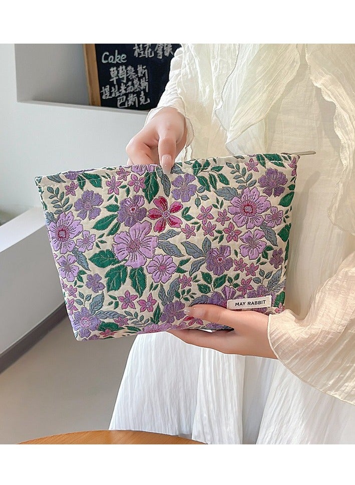 MAY RABBIT Portable Lightweight Large - capacity Canvas Makeup Bag Pouch and Toiletry Travel Storage Organizer with Handmade Vintage Embroidered Purple Floral Pattern - Image 4