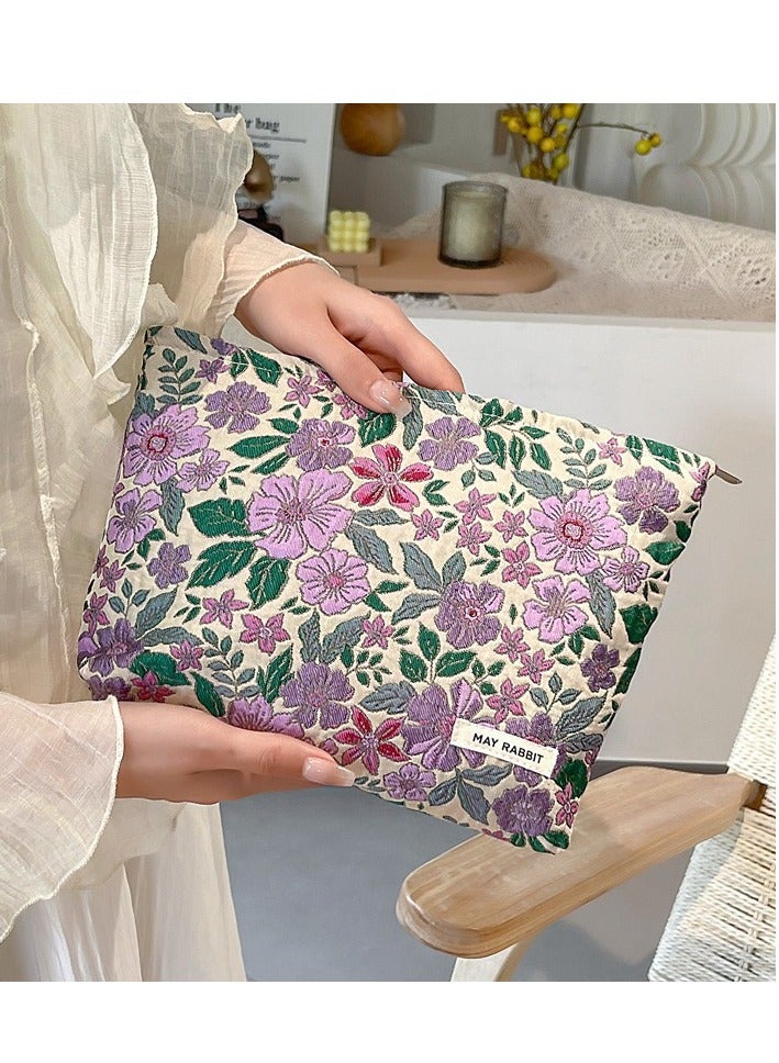 MAY RABBIT Portable Lightweight Large - capacity Canvas Makeup Bag Pouch and Toiletry Travel Storage Organizer with Handmade Vintage Embroidered Purple Floral Pattern - Image 3