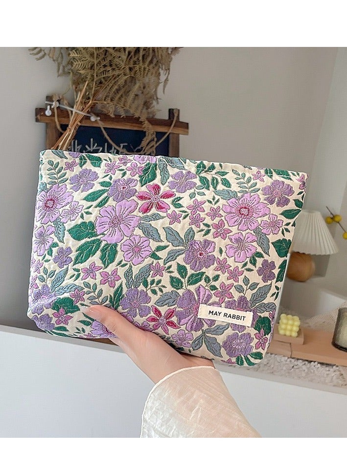MAY RABBIT Portable Lightweight Large - capacity Canvas Makeup Bag Pouch and Toiletry Travel Storage Organizer with Handmade Vintage Embroidered Purple Floral Pattern - Image 2