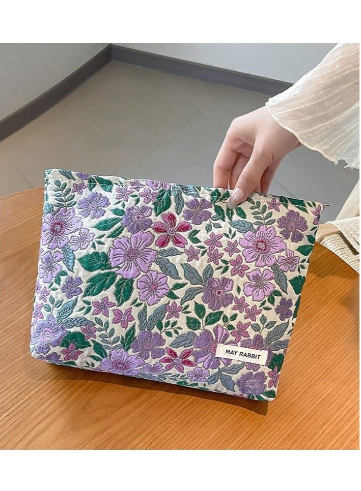 MAY RABBIT Portable Lightweight Large - capacity Canvas Makeup Bag Pouch and Toiletry Travel Storage Organizer with Handmade Vintage Embroidered Purple Floral Pattern - Image 1