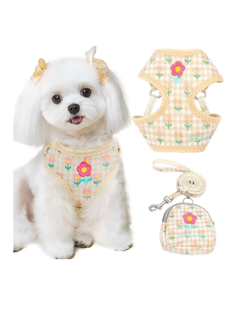 SYOSI Harness and Leash Set, Cute Small Dog with Bag Soft Breathable No Pull, Puppy Cat Harness with Leads Kit Plaid Flower, Pet Vest Harness for Small Dogs Cats Rabbits Shih Tzu Yorkies (Beige) - Image 1