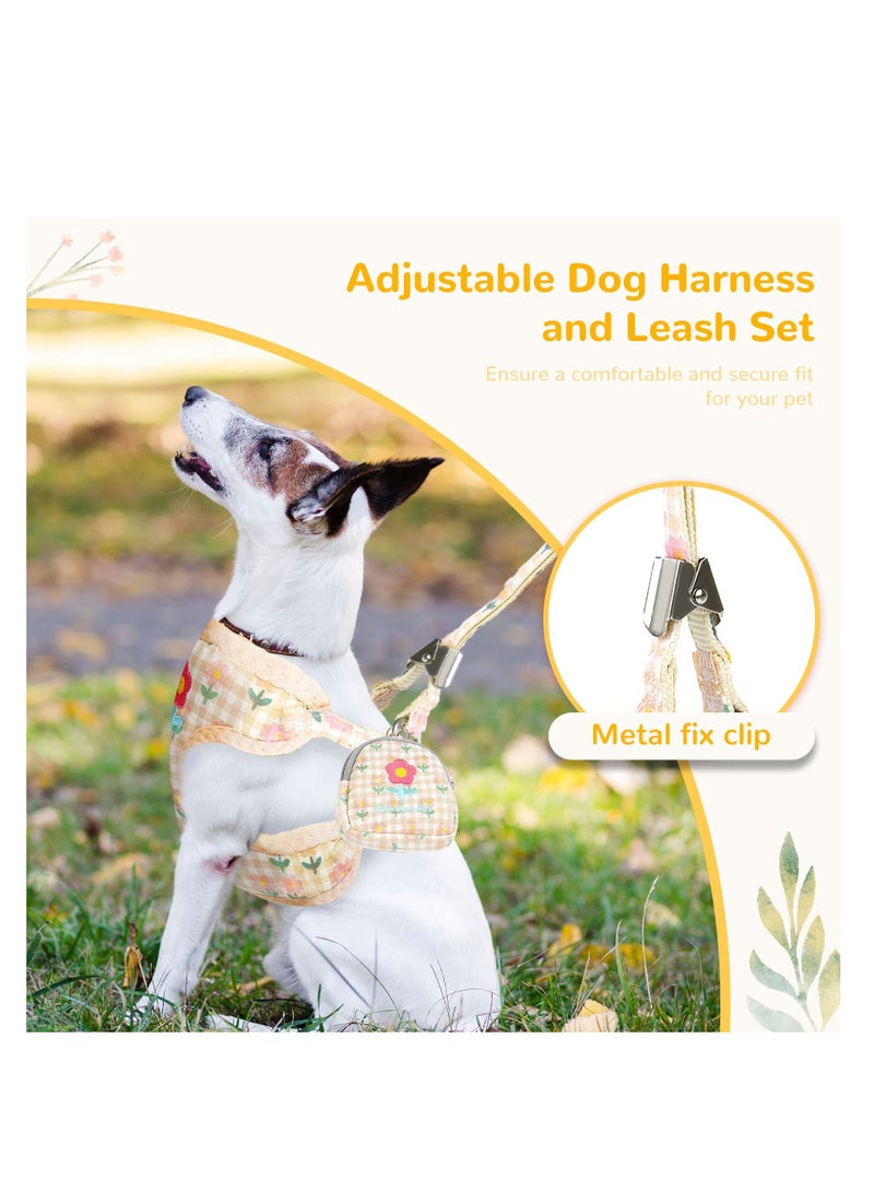 SYOSI Harness and Leash Set, Cute Small Dog with Bag Soft Breathable No Pull, Puppy Cat Harness with Leads Kit Plaid Flower, Pet Vest Harness for Small Dogs Cats Rabbits Shih Tzu Yorkies (Beige) - Image 4