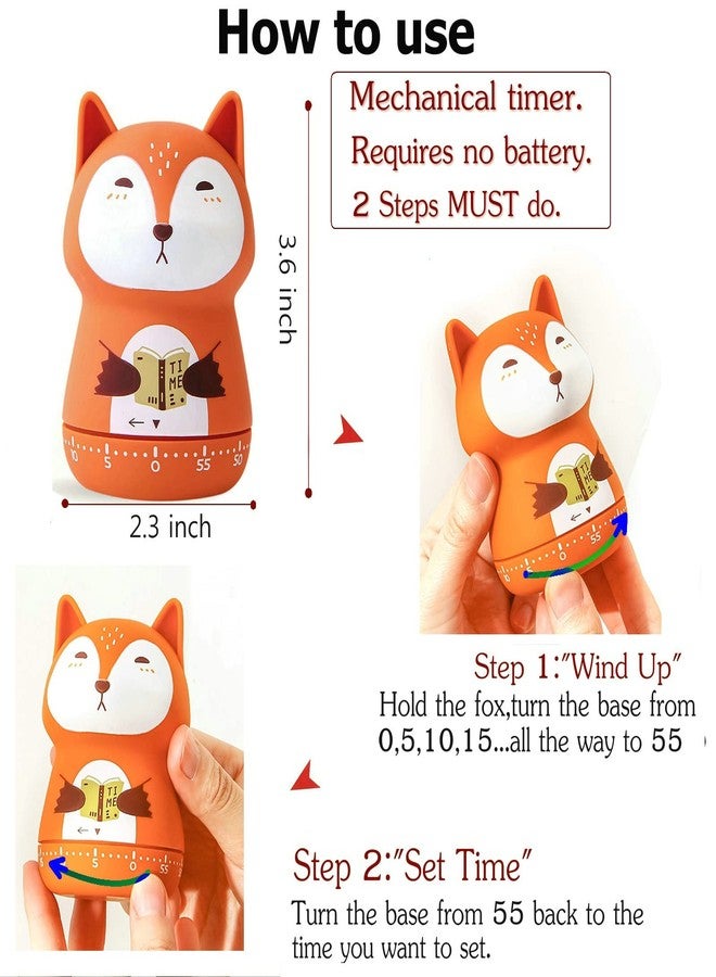 NUOSWEK Mechanical Kitchen Timer, Cute Animal Wind Up 60 Minutes Manual Countdown for Kids, Classroom, Home, Study and Cooking (Orange Fox) - Image 2