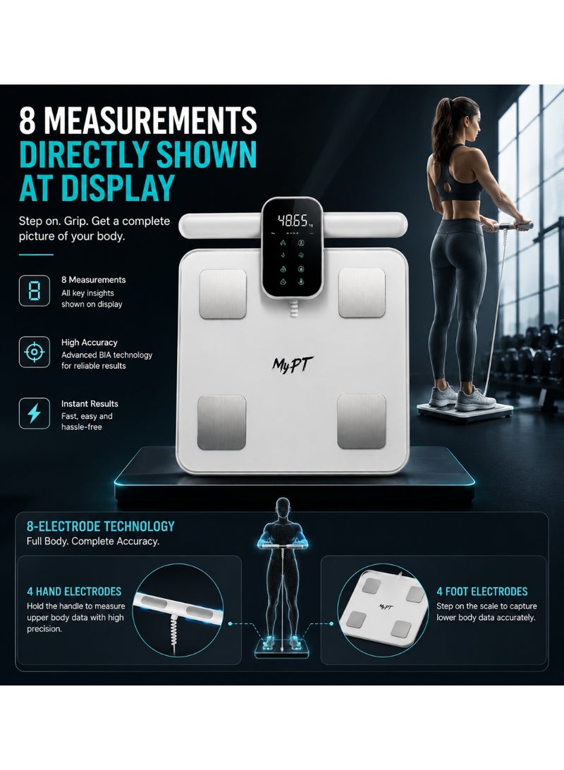 MyPT Smart Body Composition Scale | 43 Body Metrics Analyser | 8-Electrode Handle | Bluetooth App Sync | BMI, Body Fat, Muscle & Water Analysis | 3.8" TFT Colour Display | Type-C Rechargeable | White - Image 4