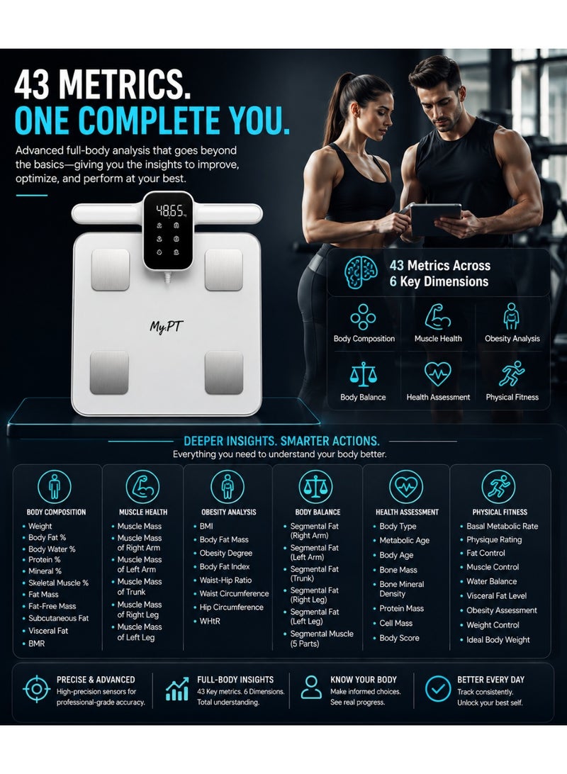 MyPT Smart Body Composition Scale | 43 Body Metrics Analyser | 8-Electrode Handle | Bluetooth App Sync | BMI, Body Fat, Muscle & Water Analysis | 3.8" TFT Colour Display | Type-C Rechargeable | White - Image 5