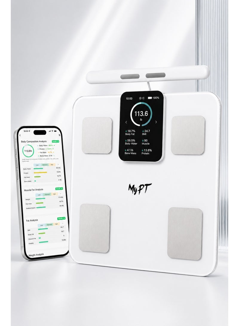 MyPT Smart Body Composition Scale | 43 Body Metrics Analyser | 8-Electrode Handle | Bluetooth App Sync | BMI, Body Fat, Muscle & Water Analysis | 3.8" TFT Colour Display | Type-C Rechargeable | White - Image 1