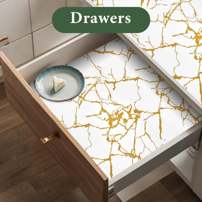 Kimhan Drawer and Shelf Liner for Kitchen Cabinet Non Slip Waterproof Shelf Paper 12 in X 20 Ft Non Adhesive Refrigerator Liners Gold White Marble Easy Liners for Bathroom Cupboard - Image 3