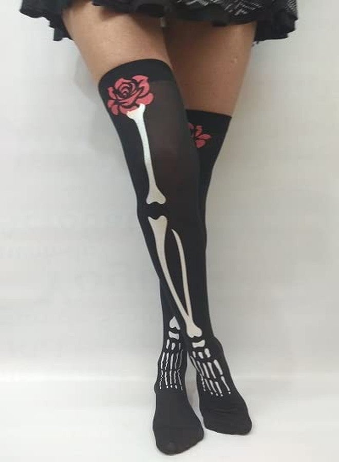 IHEOJAOC Halloween Skeleton Nurse Socks Xray Bone and Roses (Black), Xray Doctor Dentist Pencil Knee-high Socks Funny Gifts - Image 3