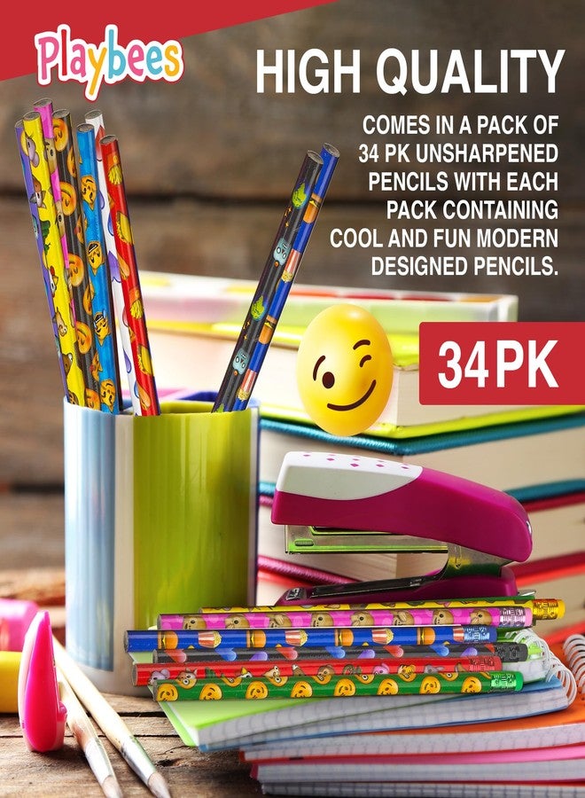 Playbees Emoticon Pencils - 36 Pack - Fun & Vibrant Writing Tools with Erasers - Assorted Emote Designs - Birthday Parties, Classroom Prizes, Goody Bag Stuffers, and Teacher's Educational Supplies - Image 3