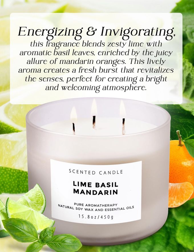 T H Lime Basil Mandarin Scented Candle Large 3-Wick Soy Candle, 15.8 oz Fresh Citrus Aromatherapy Candle Long-Lasting Clean Burn Stress Relief Candles Gift for Women & Men - Image 2