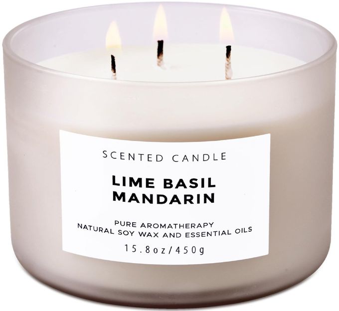 T H Lime Basil Mandarin Scented Candle Large 3-Wick Soy Candle, 15.8 oz Fresh Citrus Aromatherapy Candle Long-Lasting Clean Burn Stress Relief Candles Gift for Women & Men - Image 1