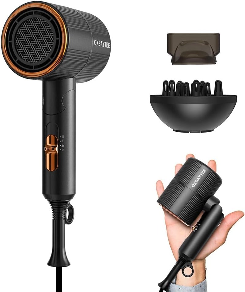 Oxsaytee Ionic Hair Dryer with Diffuser 250g Lightweight Professional Salon Hair Blow Dryer Foldable Design Negative Ion Professional Travel Hair Dryer with 1 Pouch Low Noise Hairdryer (Black) - Image 1