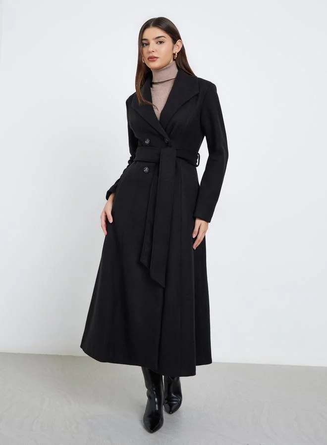 Styli Black Regular Fit Wool Like Double Breasted Coat