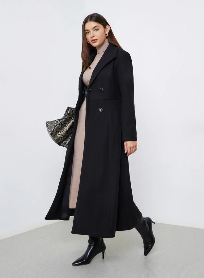 Styli Black Regular Fit Wool Like Double Breasted Coat