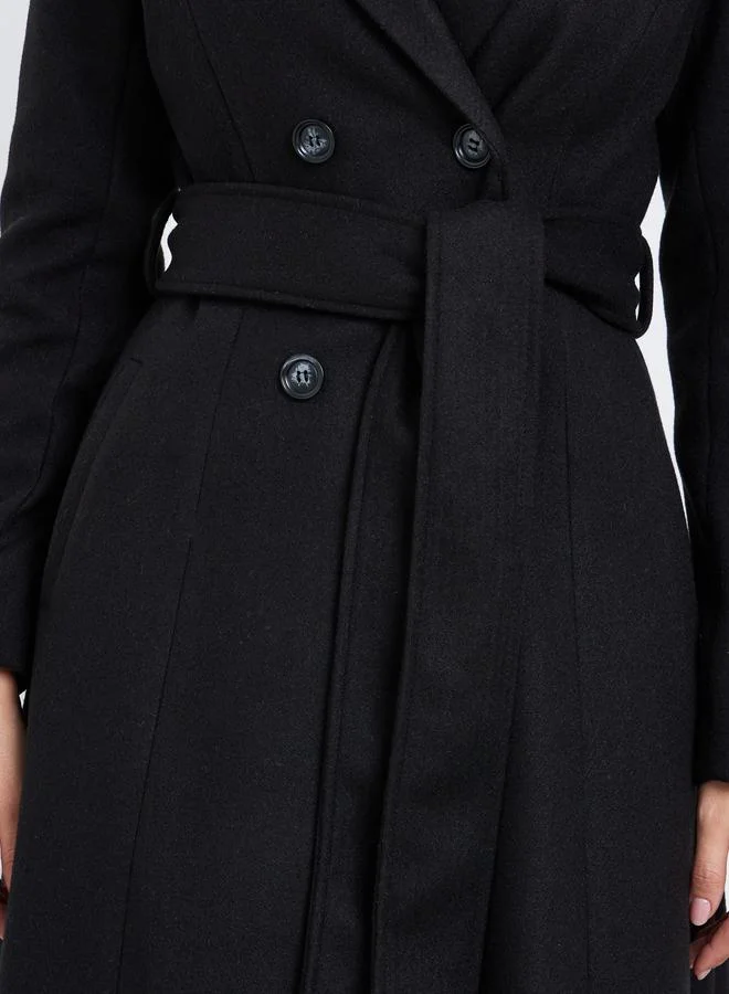 Styli  Black Regular Fit Wool Like Double Breasted Coat for Women | Best Price UAE