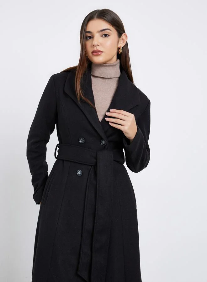 Styli  Black Regular Fit Wool Like Double Breasted Coat for Women | Best Price UAE