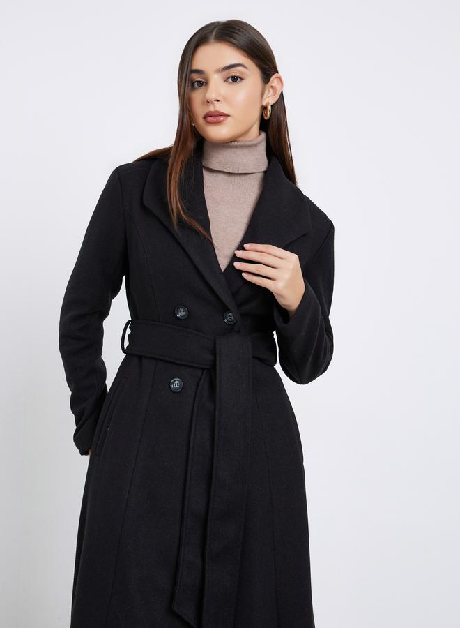 Styli Black Regular Fit Wool Like Double Breasted Coat - Image 3