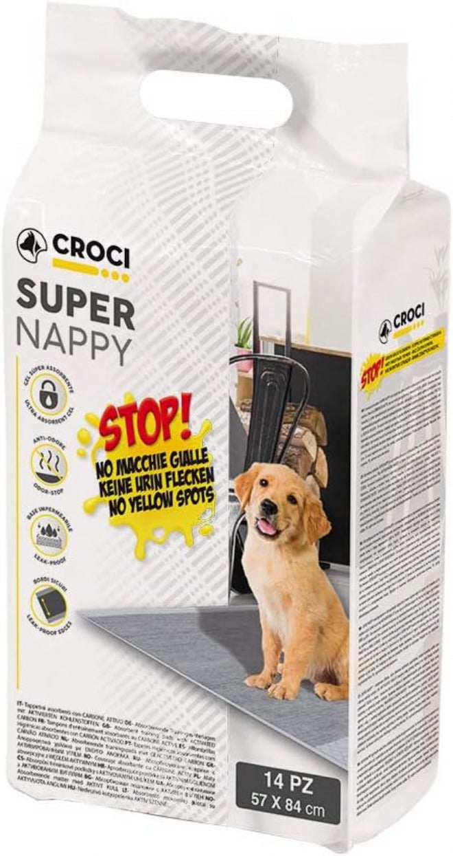 Croci مناديل صحية Croci Super Nappy مزودة بكربون نشط - مقاس 57x84 سم، عدد 14 قطعة، مناديل قابلة للتخلص للكلاب والحيوانات الأليفة، مضادة للبقع والروائح الكريهة. - Image 1