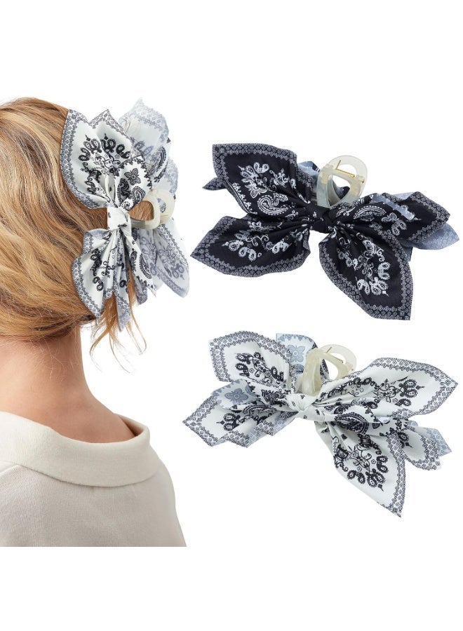 2 Pack Bow Claw Clips Chiffon Cloth Butterfly Hairclips, Nonslip 5.1" Large Paisley Hair clips for Thin and Thick | Plastic Strong Hold Hair Jaw Clamps (White Cashew, Black Cashew) - Image 1