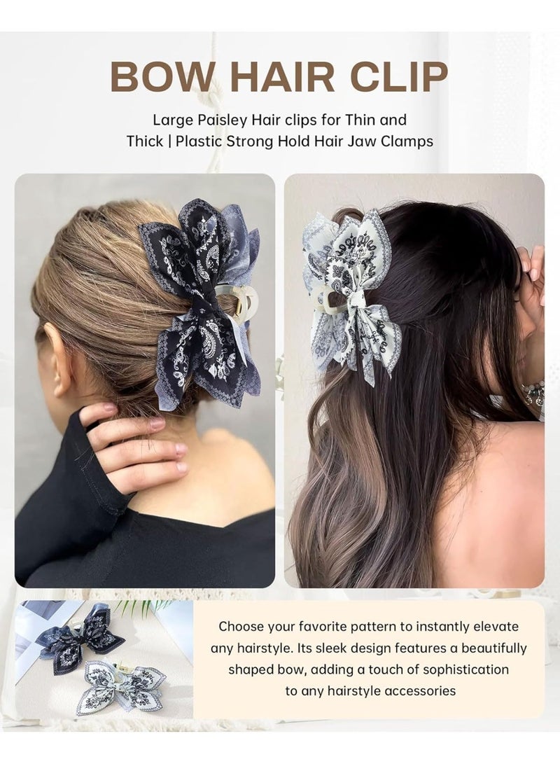 2 Pack Bow Claw Clips Chiffon Cloth Butterfly Hairclips, Nonslip 5.1" Large Paisley Hair clips for Thin and Thick | Plastic Strong Hold Hair Jaw Clamps (White Cashew, Black Cashew) - Image 3