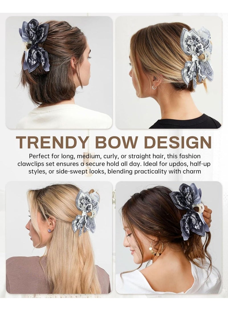 2 Pack Bow Claw Clips Chiffon Cloth Butterfly Hairclips, Nonslip 5.1" Large Paisley Hair clips for Thin and Thick | Plastic Strong Hold Hair Jaw Clamps (White Cashew, Black Cashew) - Image 4