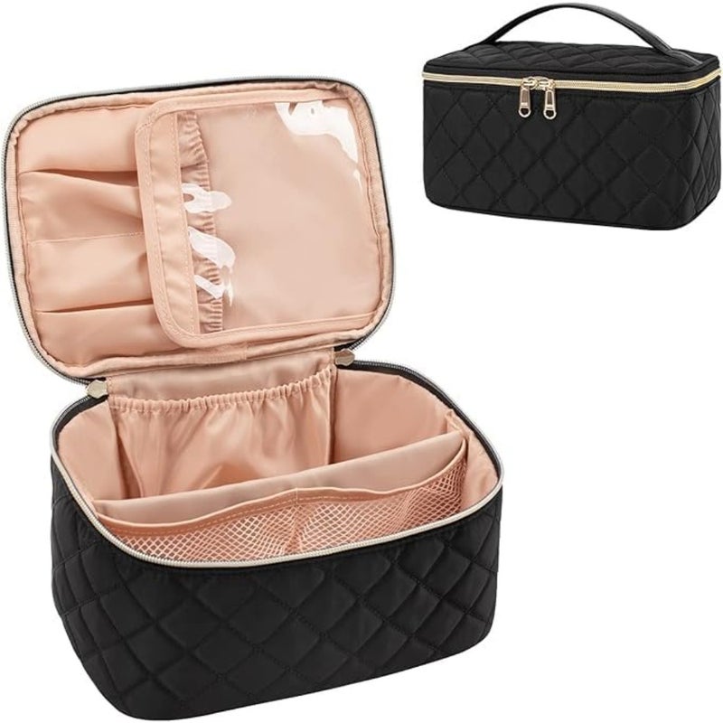 Makeup Bag, Portable Cosmetic Bag, Large Capacity Travel Makeup Case Organizer, Black Makeup Bags For Women Toiletry Bag for Girls Traveling With Handle and Divider - Image 3