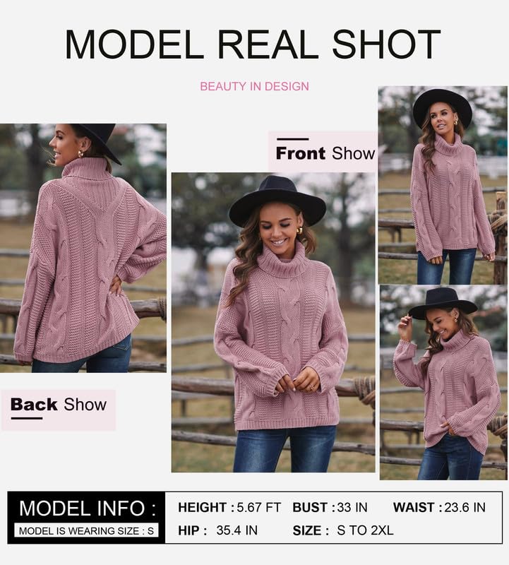 Dokotoo Sweater Women Winter Warm Chunky Turtleneck Cowl Neck Balloon Long Sleeve Oversized Maternity Cable Knit Long Tunic Sweaters Pullover Jumpers Pink L - Image 2