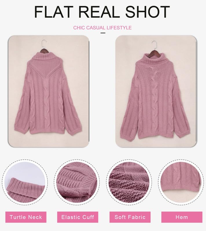 Dokotoo Sweater Women Winter Warm Chunky Turtleneck Cowl Neck Balloon Long Sleeve Oversized Maternity Cable Knit Long Tunic Sweaters Pullover Jumpers Pink L - Image 3