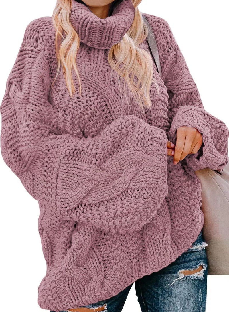 Dokotoo Sweater Women Winter Warm Chunky Turtleneck Cowl Neck Balloon Long Sleeve Oversized Maternity Cable Knit Long Tunic Sweaters Pullover Jumpers Pink L - Image 1