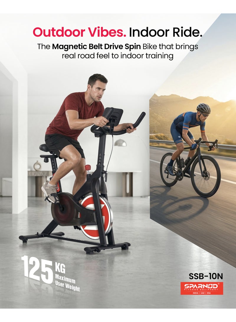 Sparnod Fitness SSB-10N Magnetic Spin Bike for Home Use – Ultra-Silent Belt Drive, 10kg Precision Flywheel, 4-Way Adjustable Seat & Handlebars, Heavy-Duty Steel Frame with LCD Monitor 125kg User Weight - Image 2