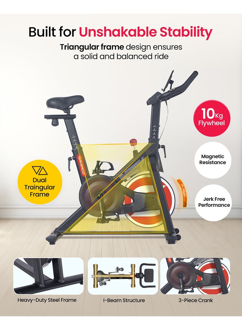 Sparnod Fitness SSB-10N Magnetic Spin Bike for Home Use | Ultra-Silent Belt Drive | 10kg Precision Flywheel | 4-Way Adjustable Seat & Handlebars | Heavy-Duty Steel Frame with LCD Monitor 125kg User Weight - Image 3