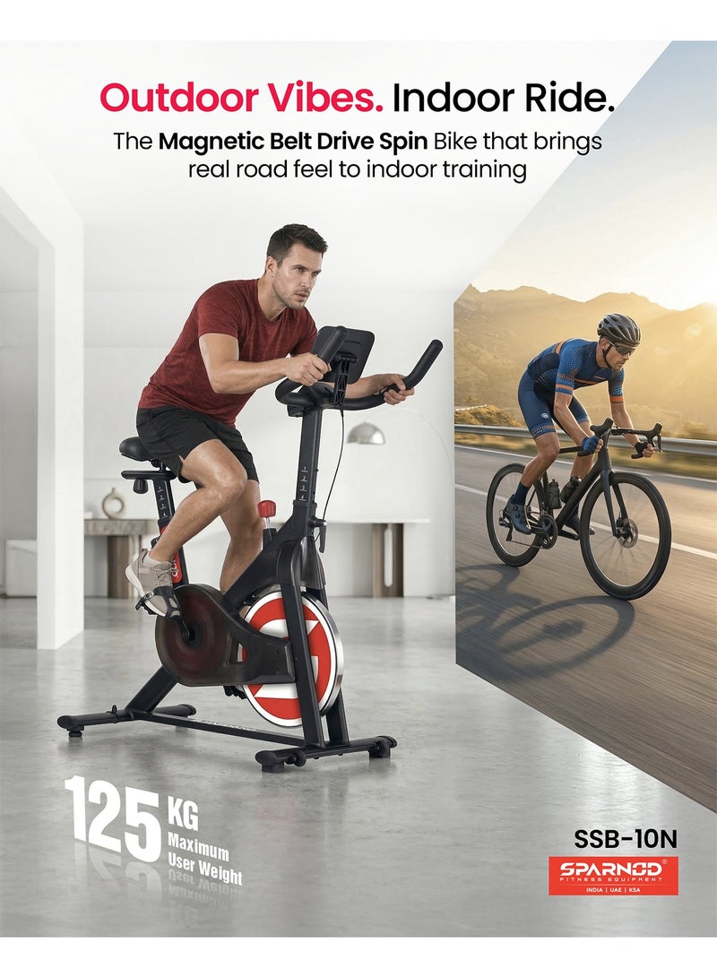Sparnod Fitness SSB-10N Magnetic Spin Bike for Home Use | Ultra-Silent Belt Drive | 10kg Precision Flywheel | 4-Way Adjustable Seat & Handlebars | Heavy-Duty Steel Frame with LCD Monitor 125kg User Weight - Image 2