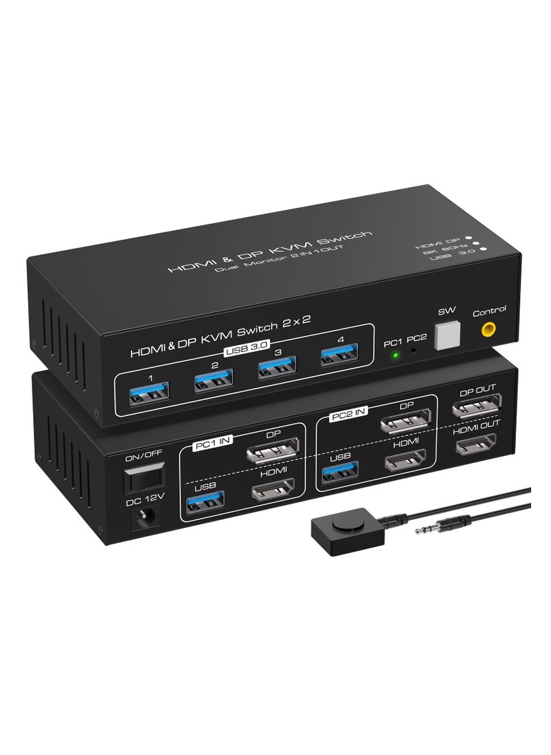 KASTWAVE - 8K@60Hz HDMI+Displayport KVM Switch 2 Monitors 2 Computers USB 3.0 KVM Switch Dual Monitor 2 Port for 2 PC Share Multi Monitor and 4 USB Devices Wired Controller DC Adapter 2 USB Cables Included - Image 1