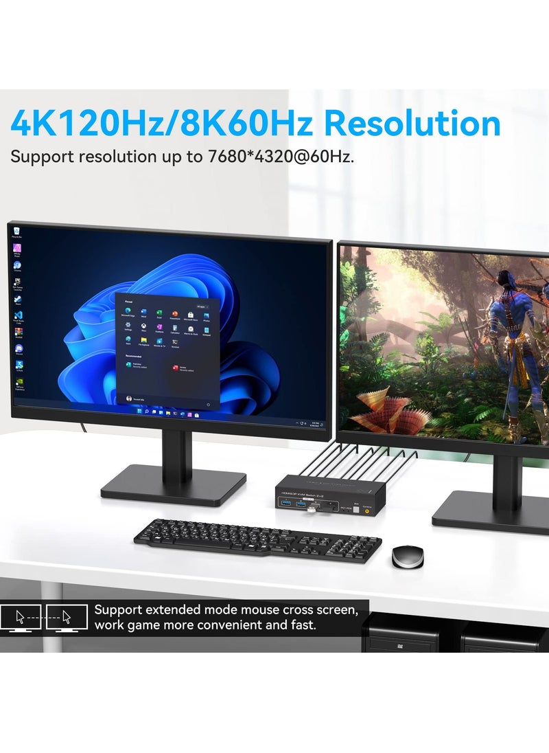 KASTWAVE - 8K@60Hz HDMI+Displayport KVM Switch 2 Monitors 2 Computers USB 3.0 KVM Switch Dual Monitor 2 Port for 2 PC Share Multi Monitor and 4 USB Devices Wired Controller DC Adapter 2 USB Cables Included - Image 1