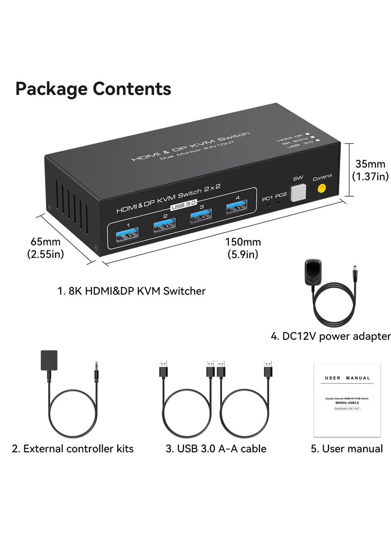 KASTWAVE - 8K@60Hz HDMI+Displayport KVM Switch 2 Monitors 2 Computers USB 3.0 KVM Switch Dual Monitor 2 Port for 2 PC Share Multi Monitor and 4 USB Devices Wired Controller DC Adapter 2 USB Cables Included - Image 1