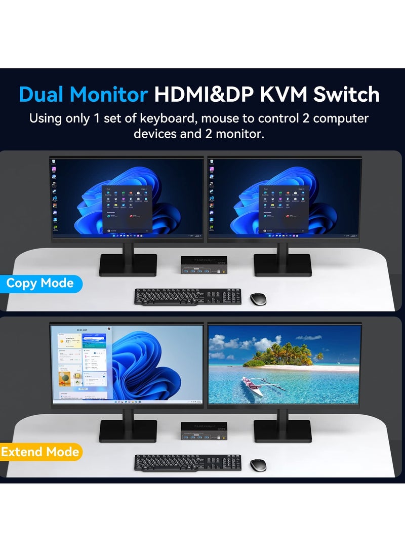 KASTWAVE - 8K@60Hz HDMI+Displayport KVM Switch 2 Monitors 2 Computers USB 3.0 KVM Switch Dual Monitor 2 Port for 2 PC Share Multi Monitor and 4 USB Devices Wired Controller DC Adapter 2 USB Cables Included - Image 1
