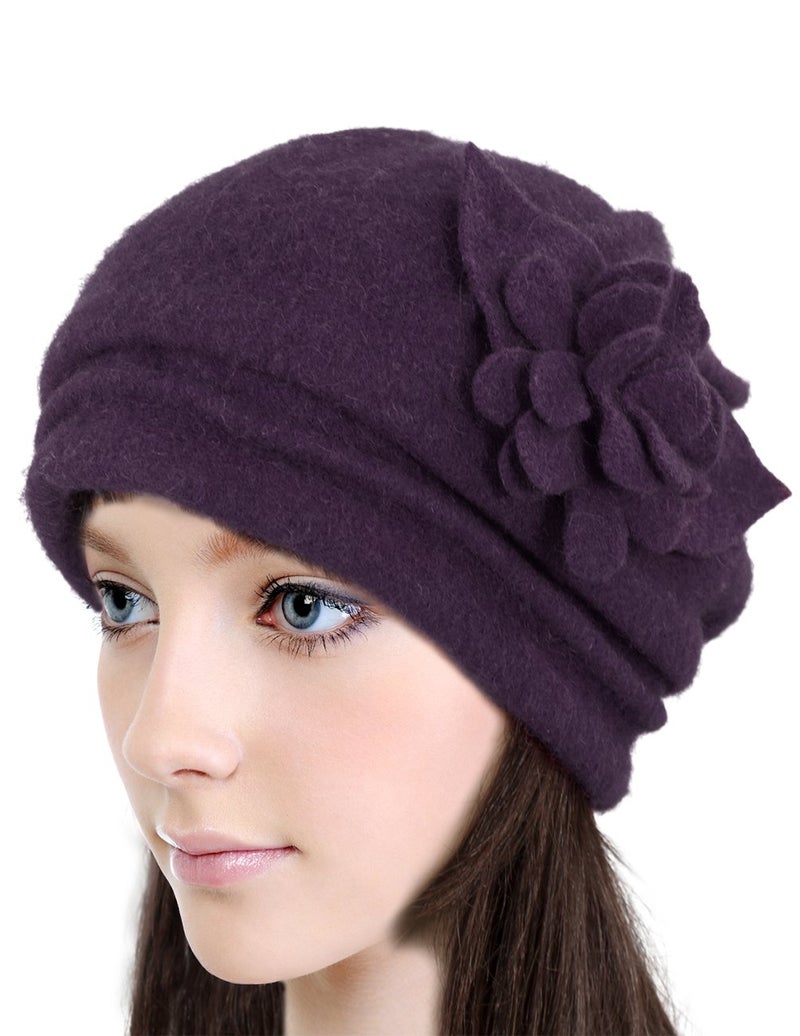 Dahlia Women's Winter Hat - Wool Cloche/Bucket Hat, Slouch, Flower, Violet - Image 2
