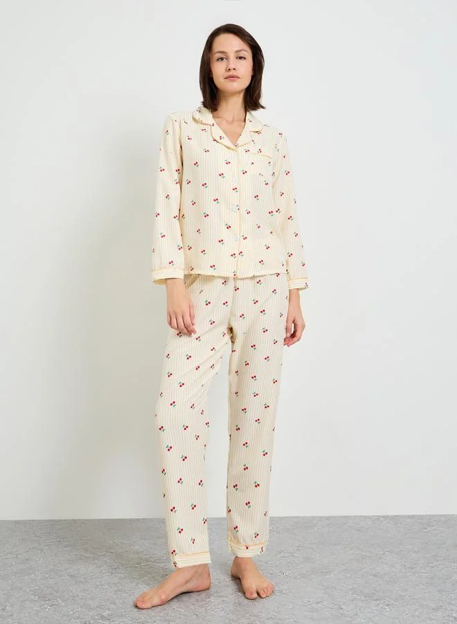 Striped Cherry Print Long Sleeve Pajama Set