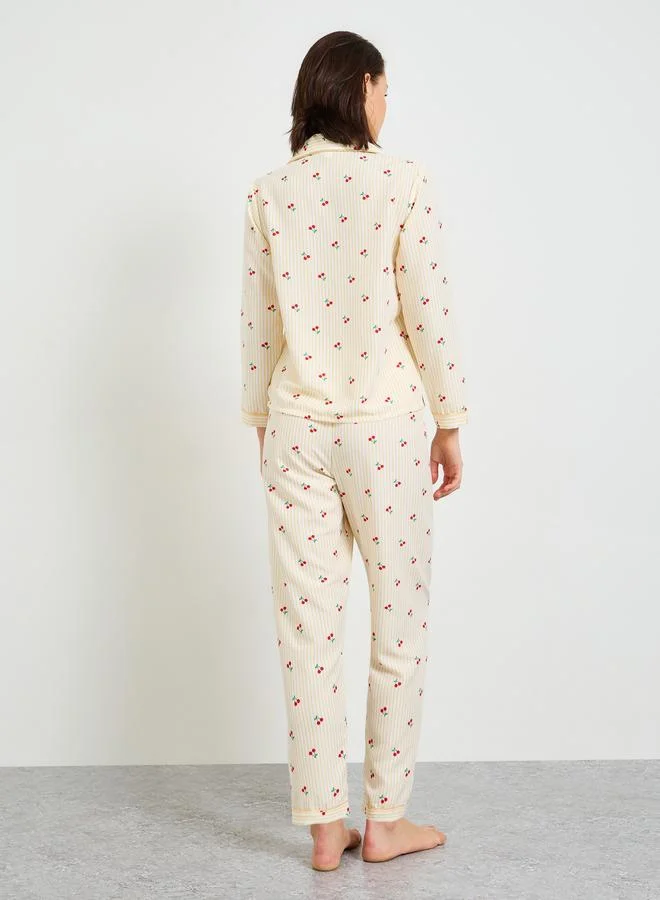 Take Two  Striped Cherry Print Long Sleeve Pajama Set for Women | Best Price UAE