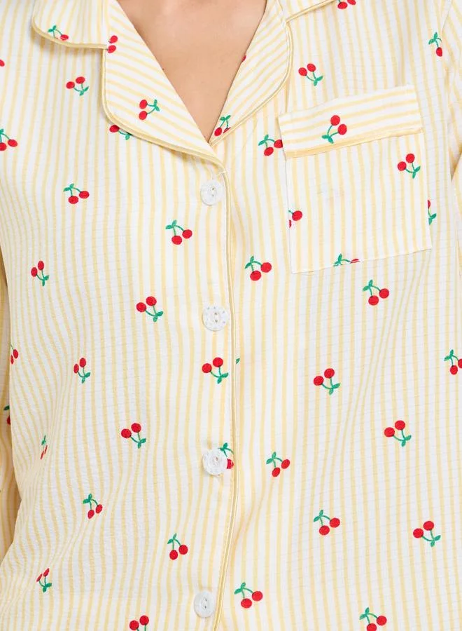 Take Two  Striped Cherry Print Long Sleeve Pajama Set for Women | Best Price UAE