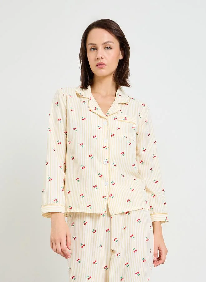 Take Two  Striped Cherry Print Long Sleeve Pajama Set for Women | Best Price UAE